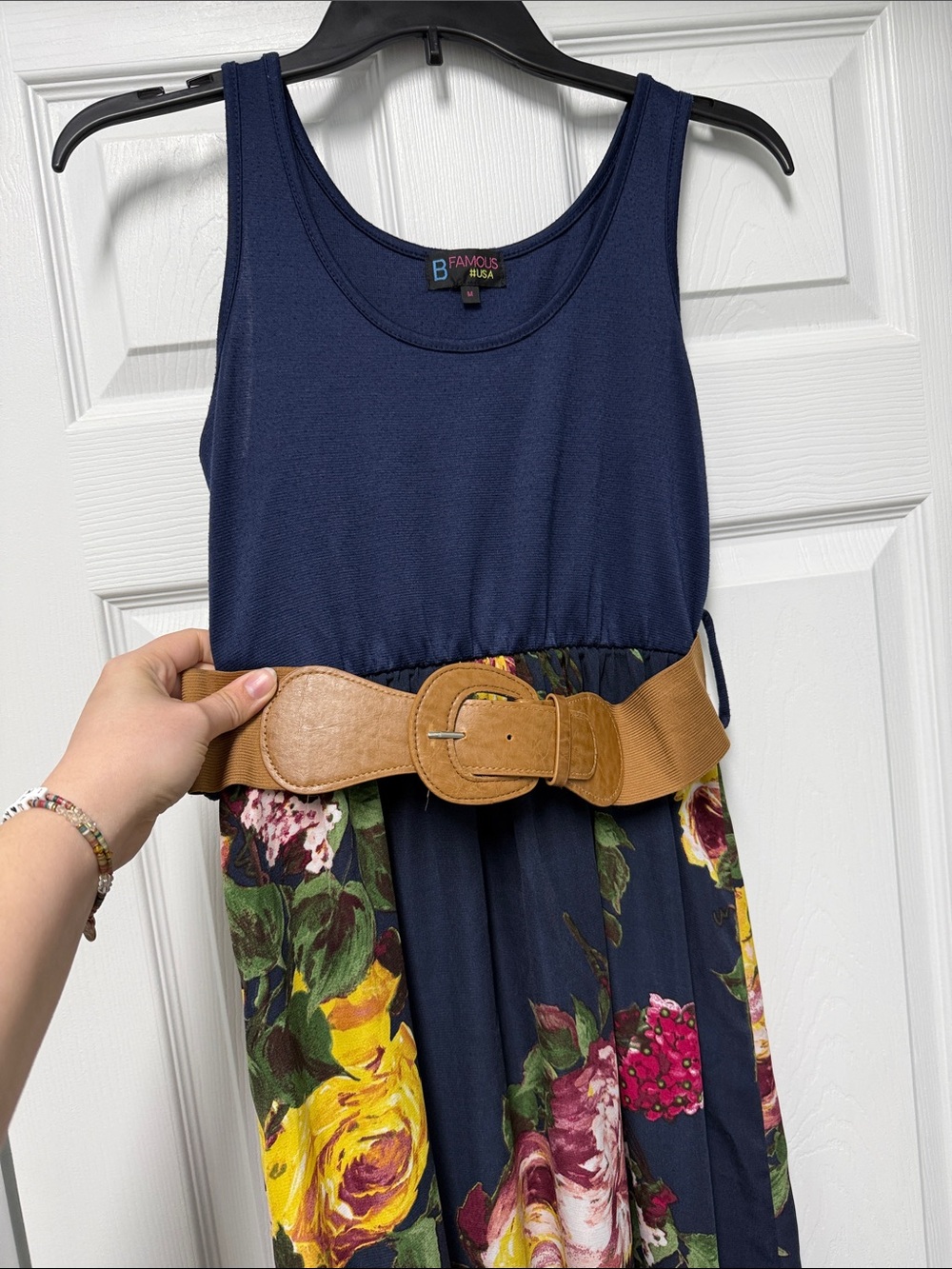 Navy Floral Maxi Dress with Tan Belt